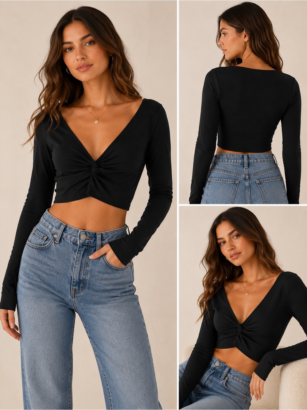 Aritzia Wilfred Free Black Twist Front Cropped Long Sleeve Top Size S